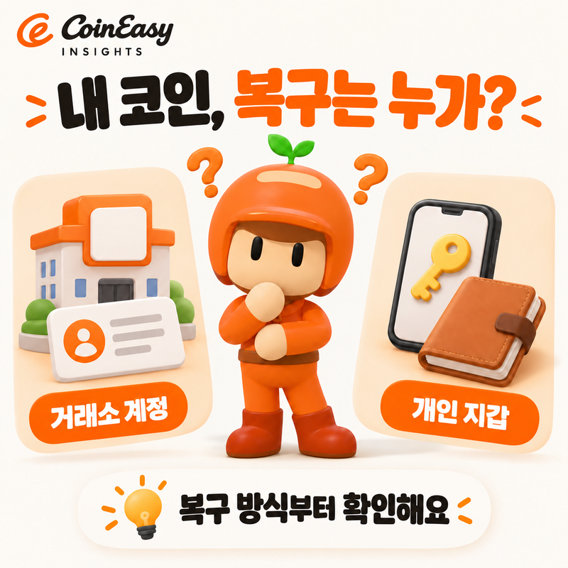 이지보이가 거래소 계정과 개인 지갑의 서로 다른 복구 경로를 비교하는 3D 설명 카드
